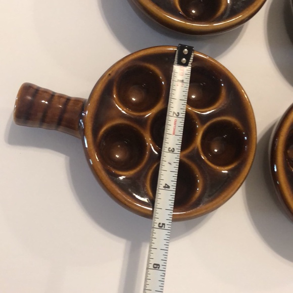 Set of 4 Ceramic Brown Glazed Escargot Snail Baking Dishes w/ Handle Taiwan - Picture 6 of 8